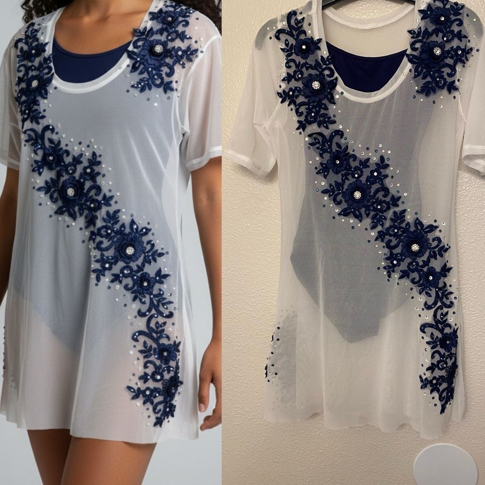 Custom solo dance costume white embellished mesh tunic stoned Overdress XSA adul